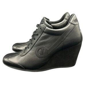 RARE NO NAME BLACK LEATHER WEDGE HEELS WOMEN’S 7 PLATFORM SQUARE TOE Y2K GOTH